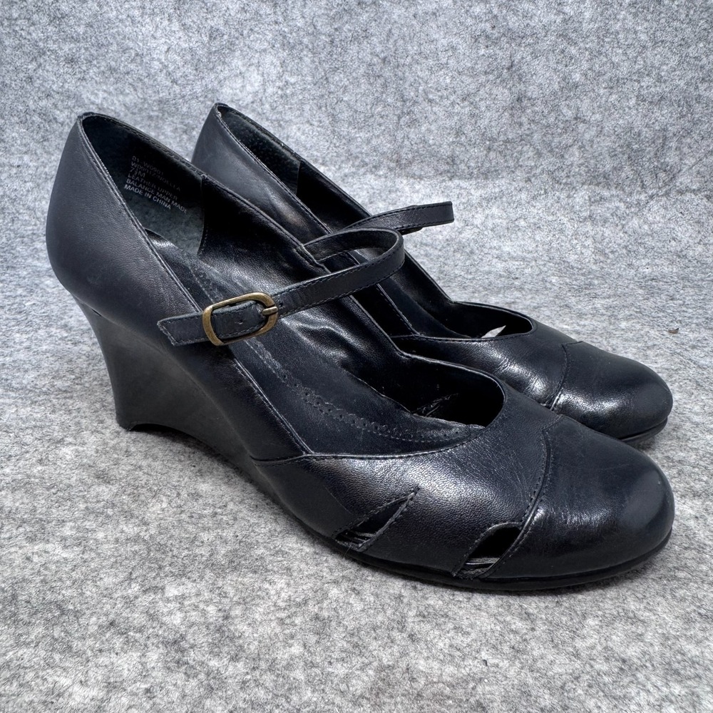 Vtg black leather MARY JANE wedge heels Shoes Womens Sz 7.5 Goth Witchy Prairi